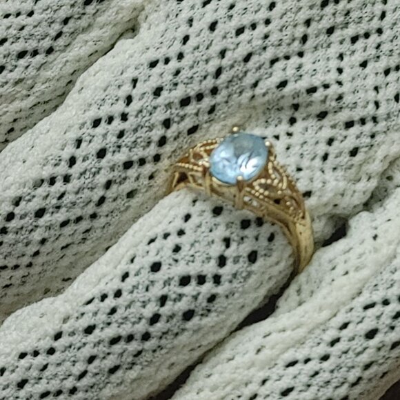Gold Ring 14K Yellow Blue Aquamarine 8mm Quartz Gemstone Vintage Size 6.25 - Picture 3 of 8